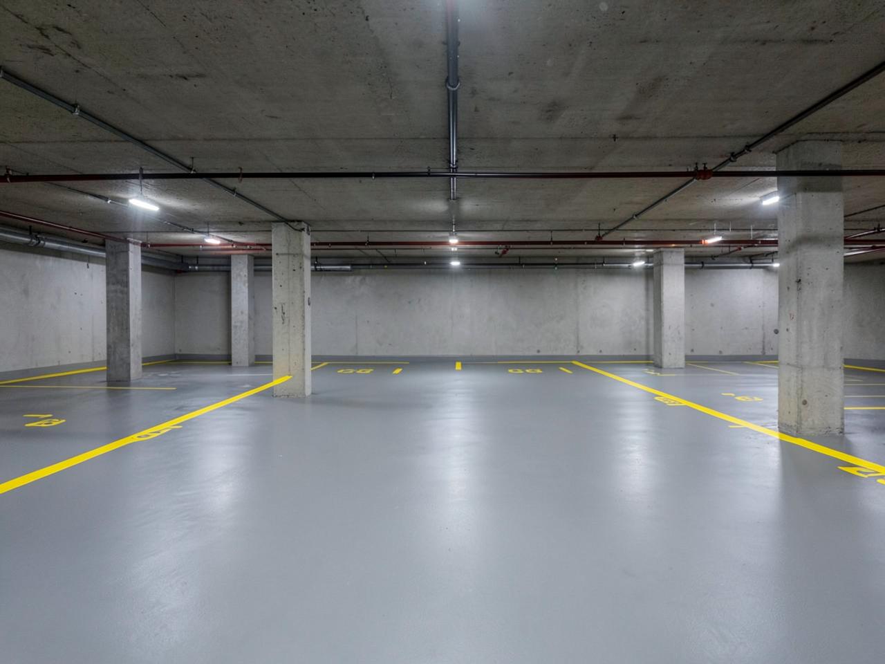 Ảnh minh họa tầng hầm đỗ xe với sàn màu xám và vạch phân khu
