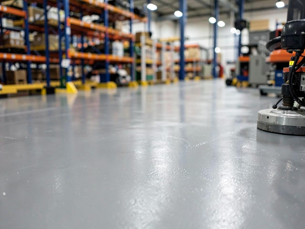 Sàn nhà xưởng sau khi sơn phủ hệ nước, khu vực kệ hàng và lối đi xe nâng